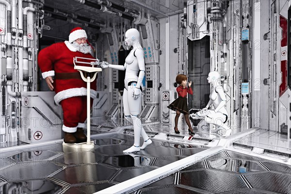 Woman robot weighing Santa on scale