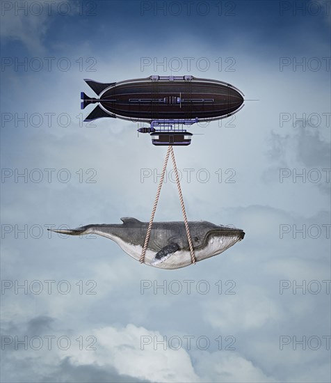 Blimp carrying whale in sky