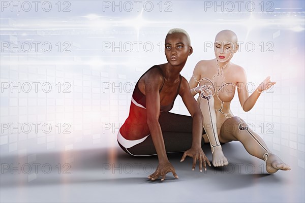 Woman and robot sitting near virtual grid