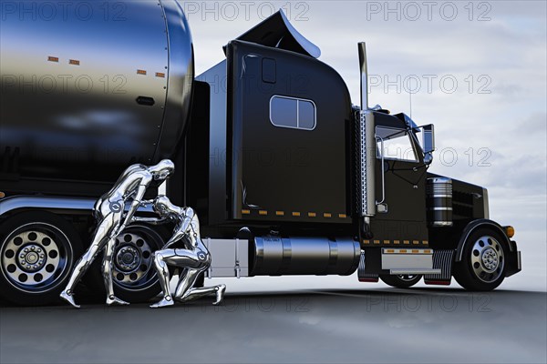 Robots checking wheel of truck