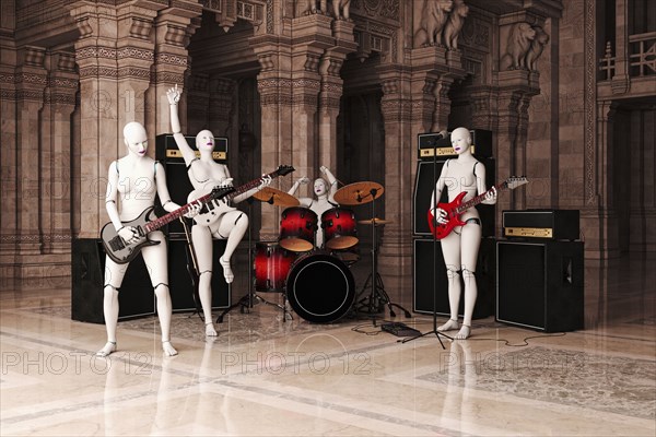 Robot women playing rock & roll music