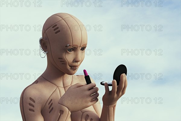 Robot woman with pierced face applying lipstick