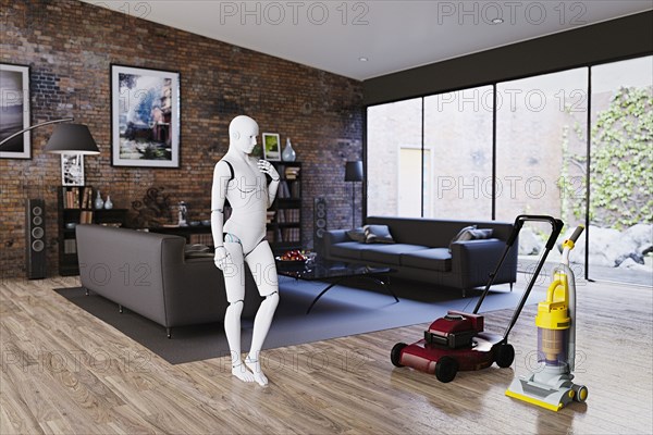 Robot woman deciding between vacuum and lawnmower