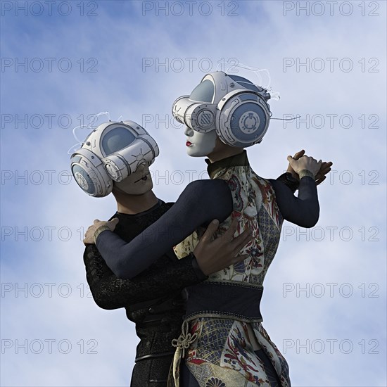 Couple dancing wearing face paint and virtual reality helmets