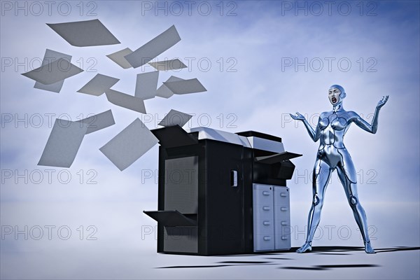 Frustrated robot woman watching paper flying from photocopier