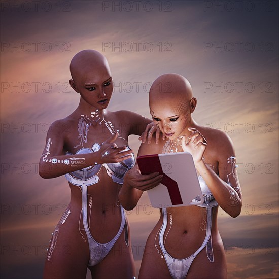 Robot women using digital tablet