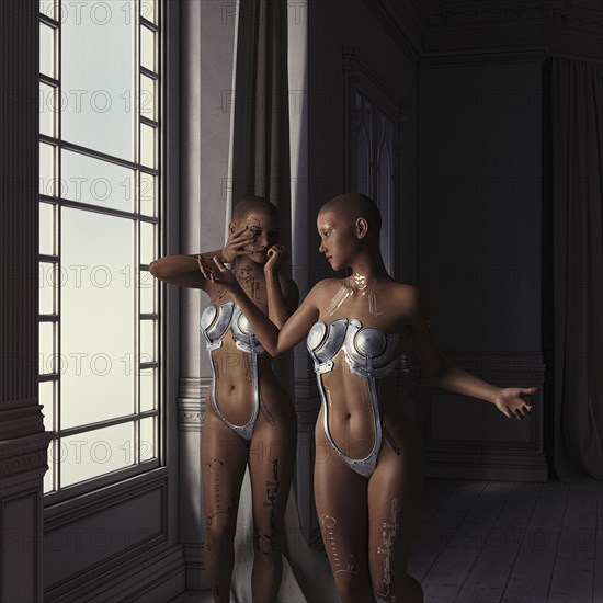 Robot women standing near window