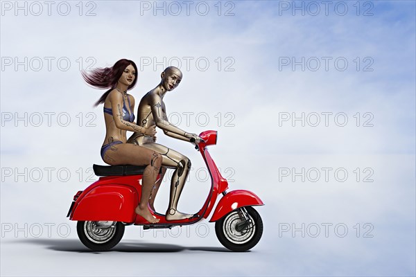 Robot women riding red scooter