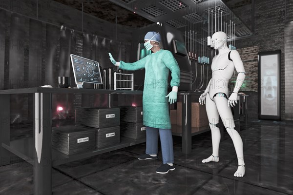 Surgeon using computer near robot woman