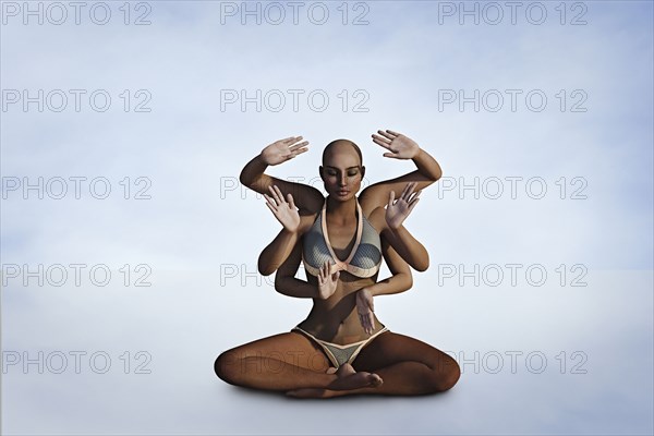 Woman with six arms meditating