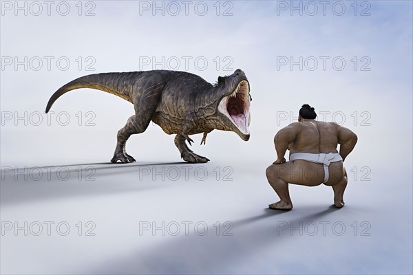Sumo wrestler facing fierce dinosaur