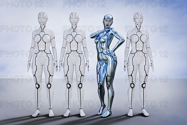 Silver robot woman standing out from crowd