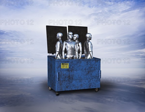 Obsolete robots in garbage dumpster