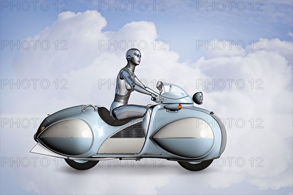 Robot woman riding futuristic motorcycle