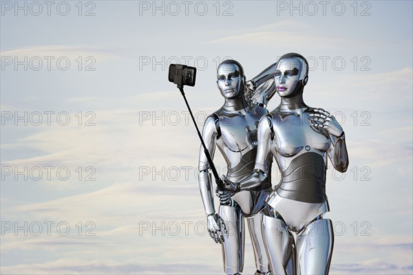 Robot couple posing for cell phone selfie