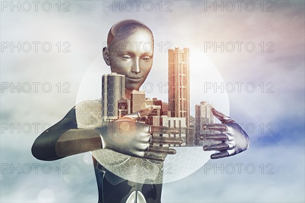 Robot holding city in sphere