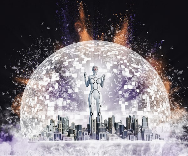 Robot woman standing in exploding city in sphere