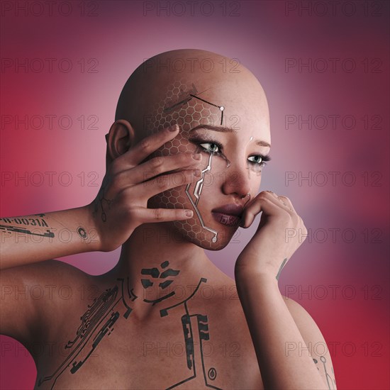 Sad cyborg woman