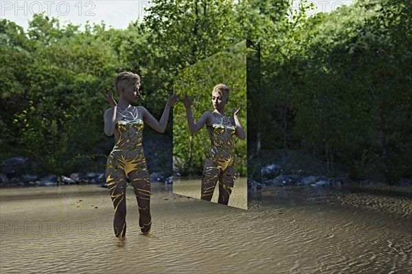 Reflection of woman in virtual mirror standing in river