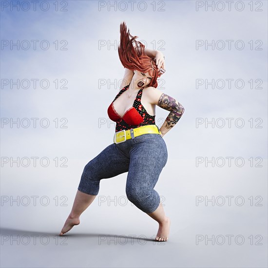 Overweight woman dancing barefoot