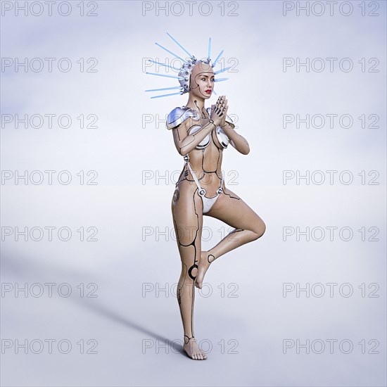 Cyborg woman performing yoga