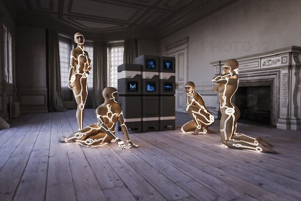 Cyborg women with computers near fireplace