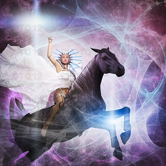 Cyborg woman riding horse in cyberspace