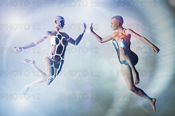 Woman and cyborg high-fiving in cyberspace