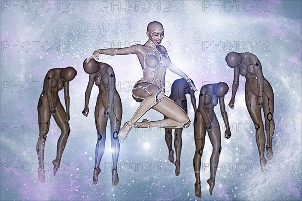 Women cyborgs floating in the cyberspace