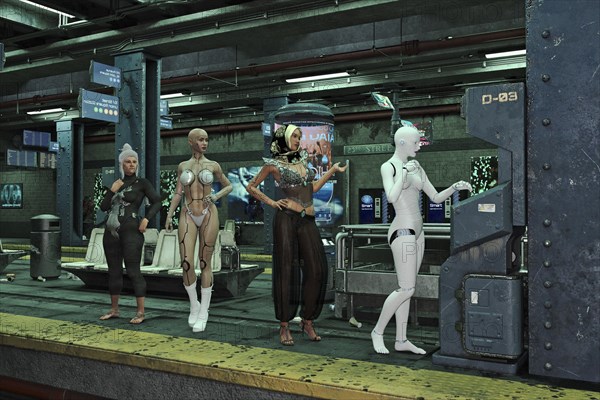 Women waiting in line for cyborg using ATM