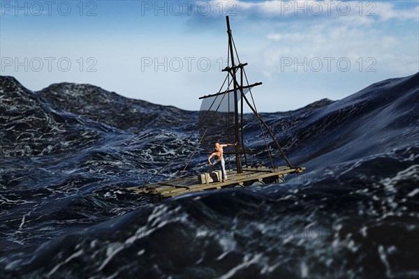 Man sailing on a raft in stormy ocean