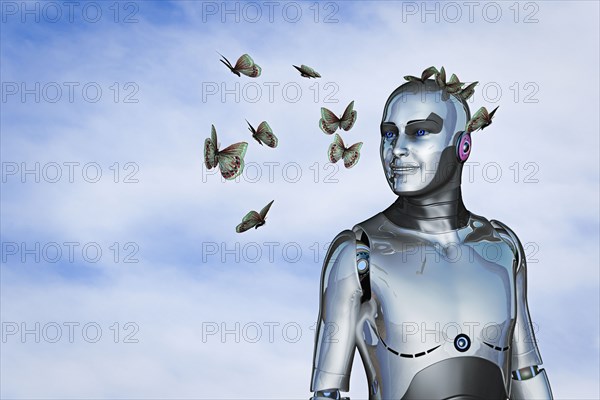 Smiling robot watching butterflies