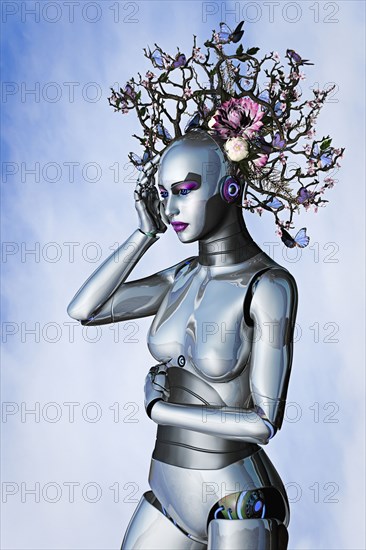 Butterflies on branch headdress of woman robot