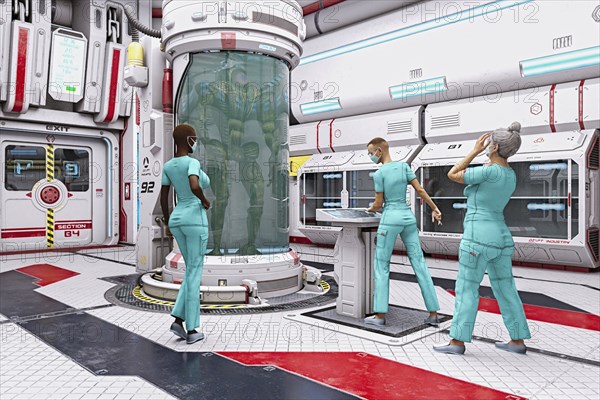 Futuristic women examining alien in laboratory