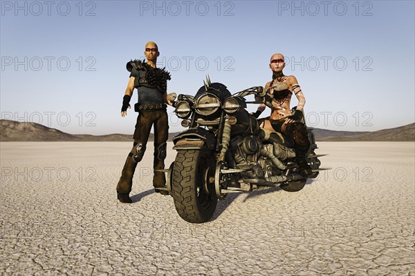 Futuristic road warriors on motorcycle in desert