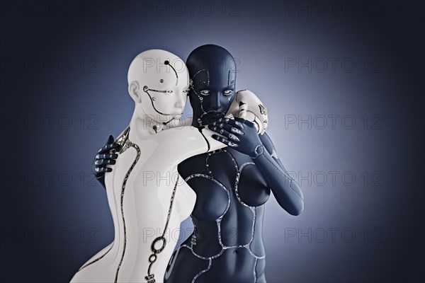 Black and white cyborg women hugging