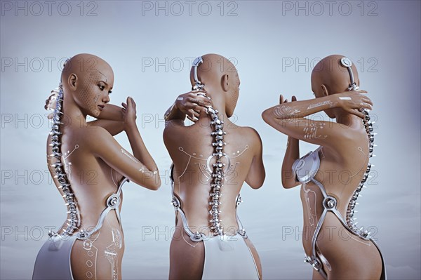 Cyborg women feeling metal spines