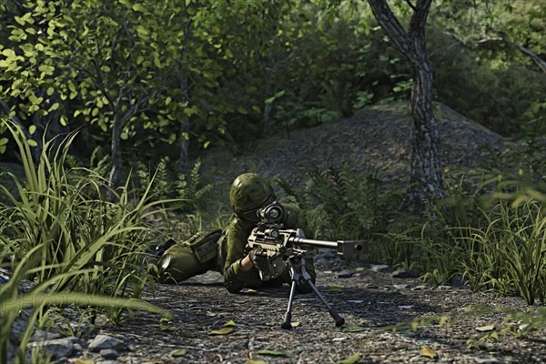 Futuristic soldier laying on the ground aiming rifle