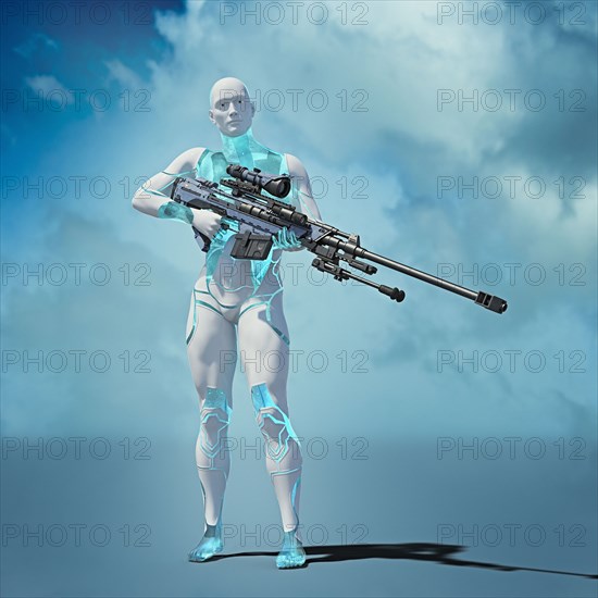 Cyborg man carrying futuristic rifle