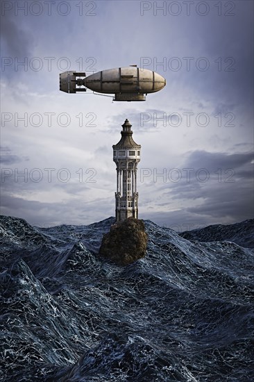 Zeppelin hovering over lighthouse on rock in ocean