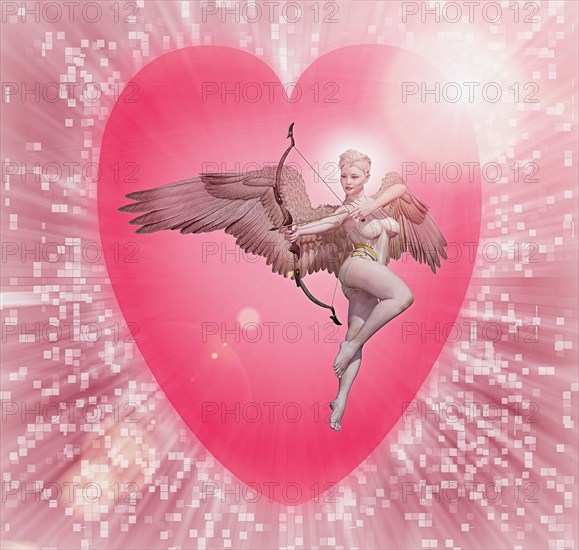 Cupid holding bow and arrow in cyberspace
