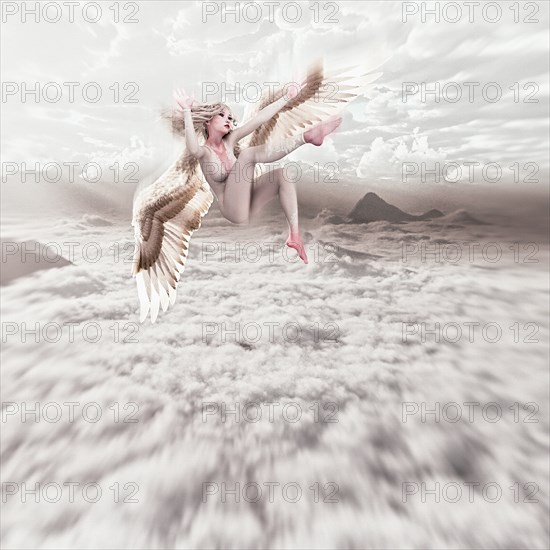 Angel falling in cloudy sky