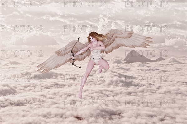 Cupid Angel shooting bow and arrow in clouds