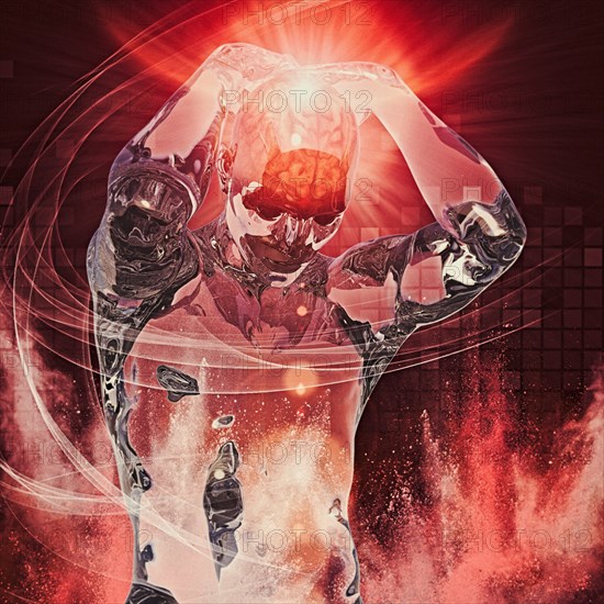 Transparent man with headache in cyberspace