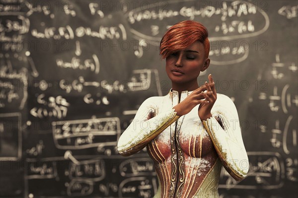 Futuristic woman near blackboard