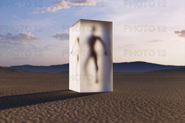 Person frozen in suspended animation in desert