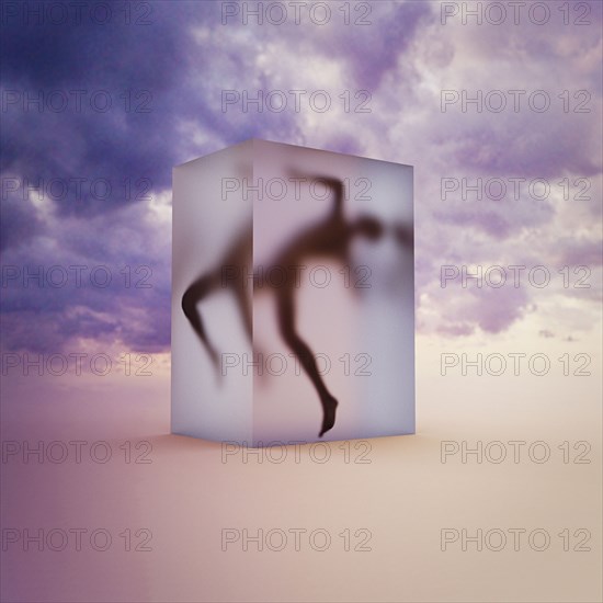 Person frozen in suspended animation in clouds