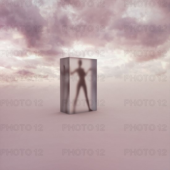 Person frozen in suspended animation in clouds