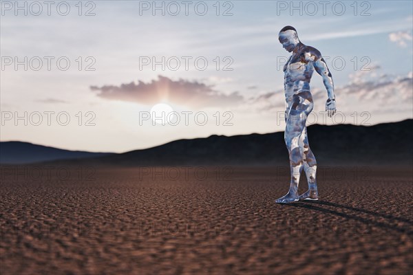 Transparent man walking in desert