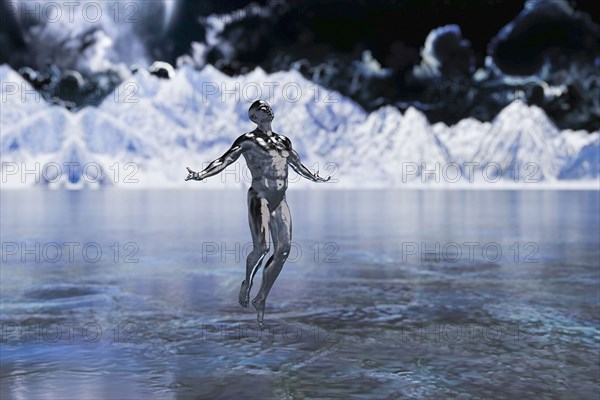 Transparent futuristic man floating over water